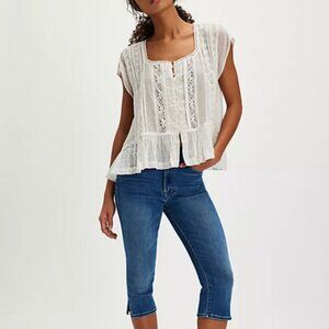 Free People FP One Georgia Blouse Top Lace Trim Capped Sleeve M